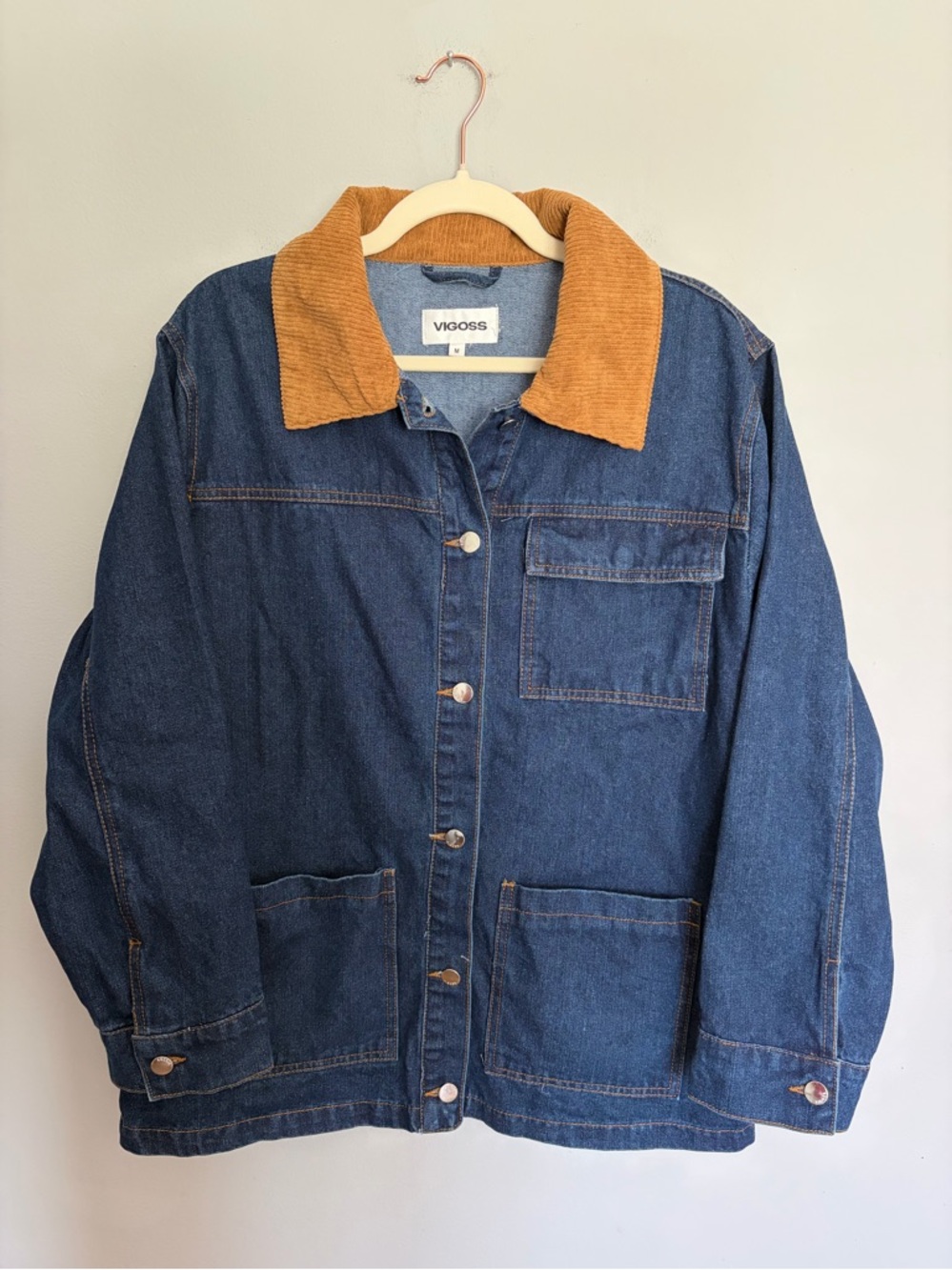 Vigoss Barn Chore Denim Jacket Women’s Size M Blue Cord Collar Trucker Cabincore